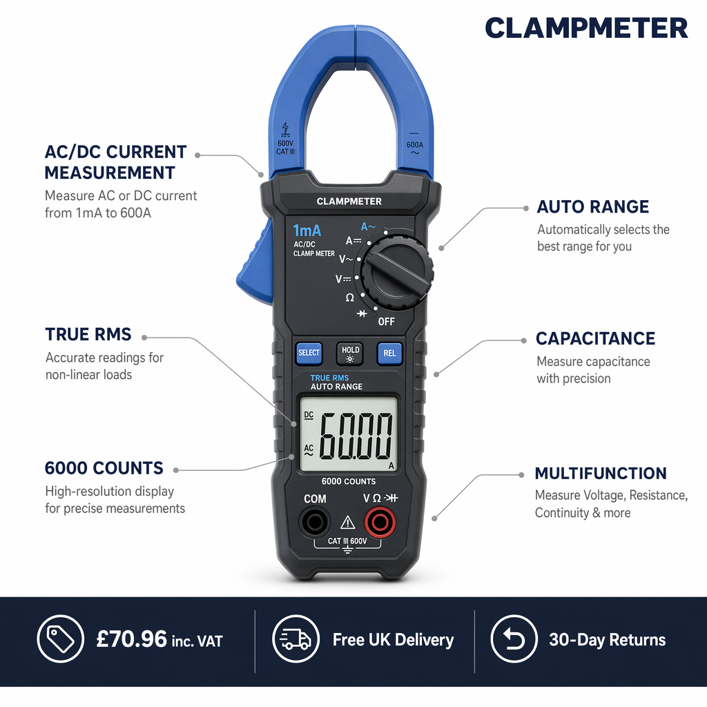 ClampMeter UK feature callout infographic