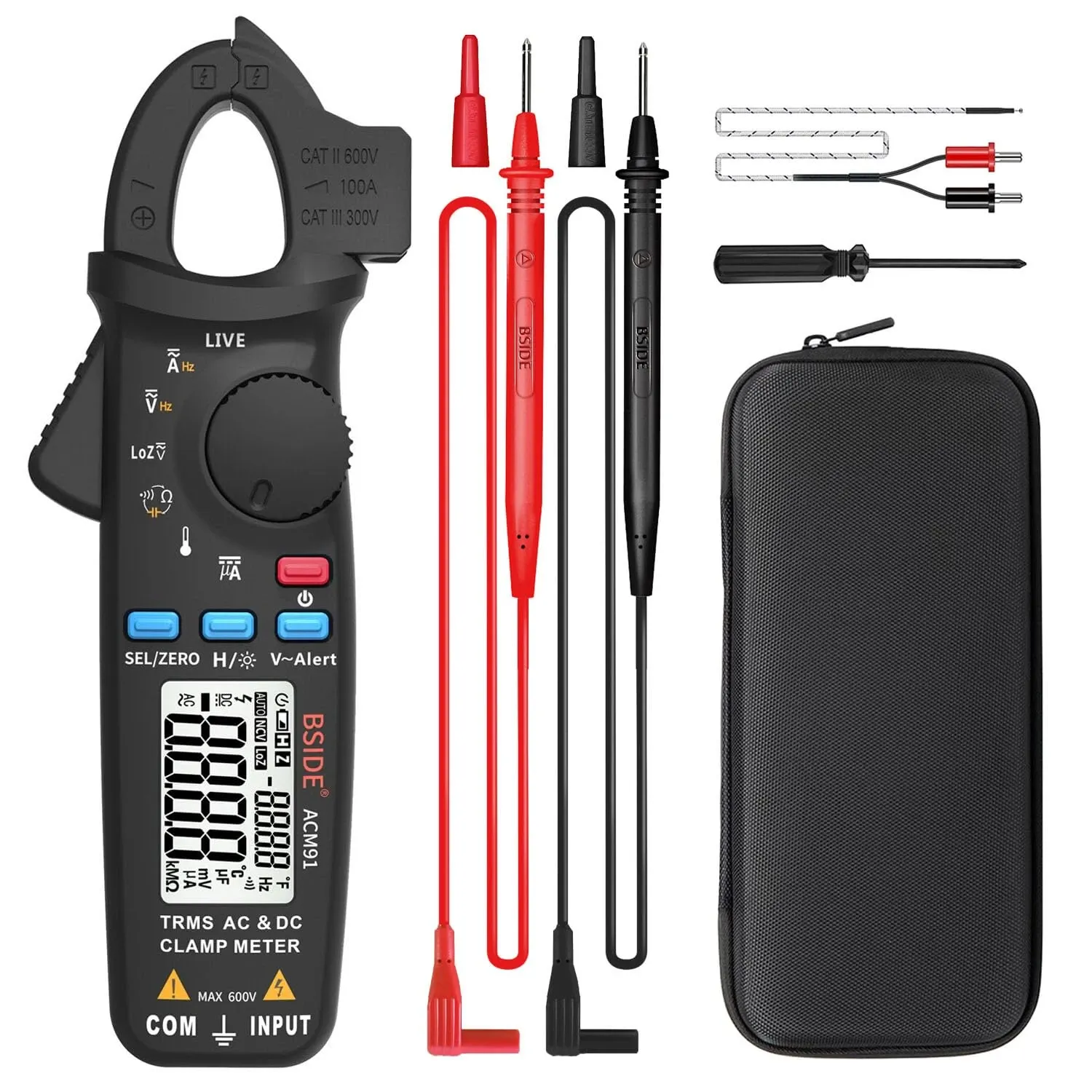 BSIDE ACM91 True RMS AC/DC clamp meter kit including red and black test leads, a thermocouple temperature probe, a small screwdriver, and a black zippered carrying case on a plain white background.
